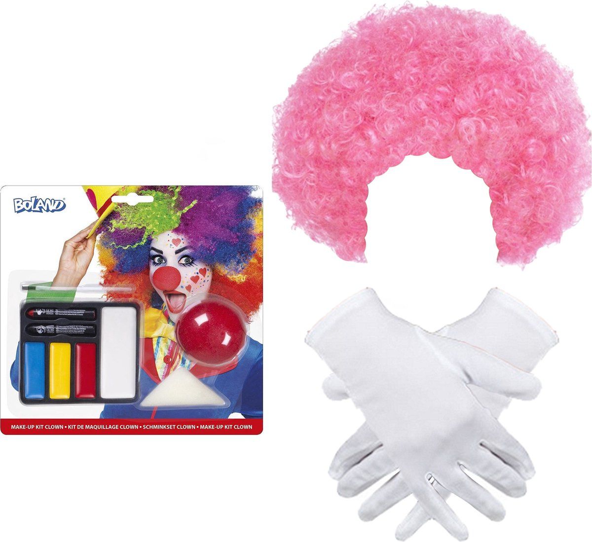 Smiffys Clown Verkleed Set Volwassenen - Pruik Roze/Schmink/Neus/Handschoenen