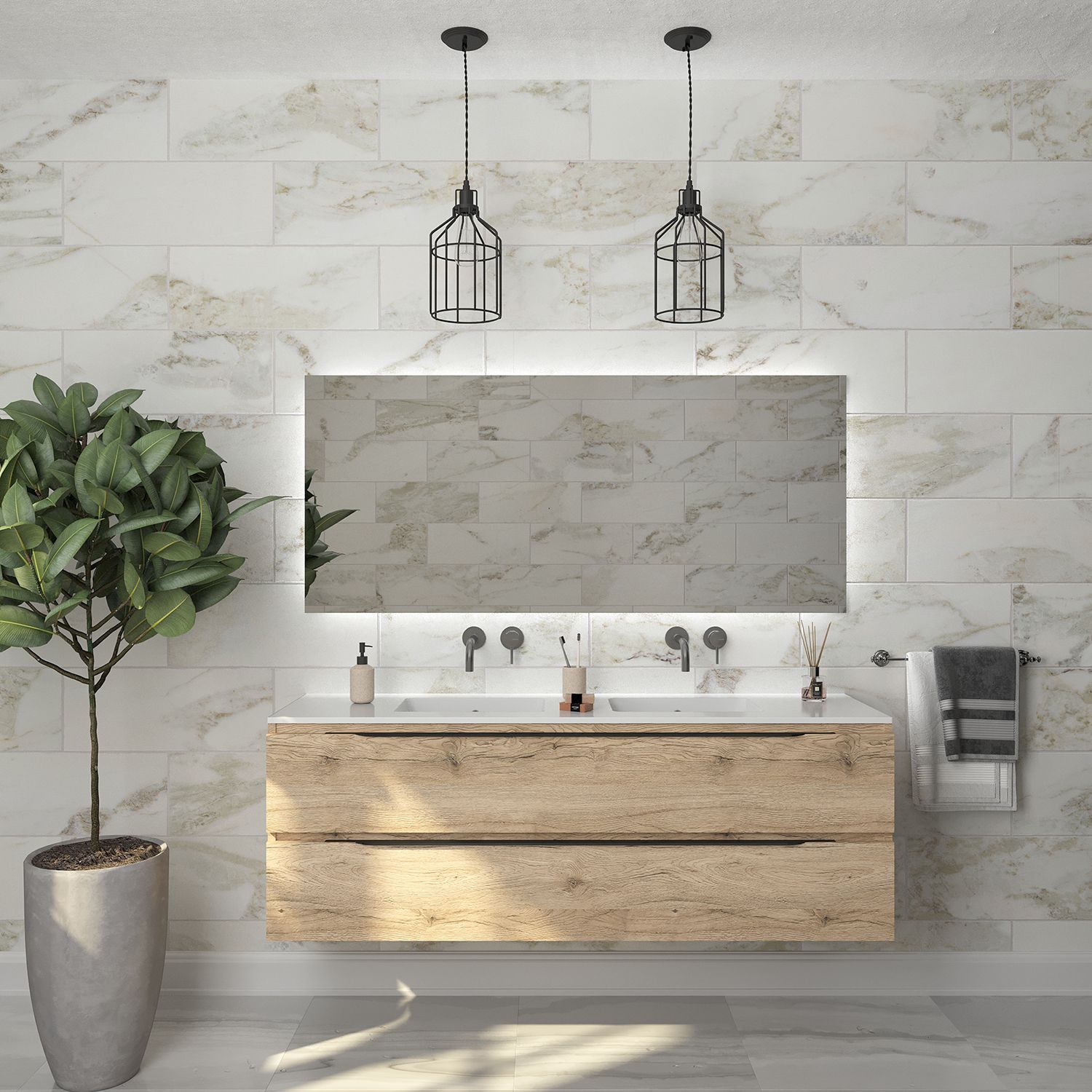 Gliss Design Hera Badkamermeubelset - 140 cm - Mat Zwart - 4 Laden - Moeras Eiken