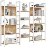 Songmics Boekenplank – Ladderplank met 14 planken – Metalen frame – Goudkleurig eikenhout – Mat wit – 158 x 24 x 166 cm