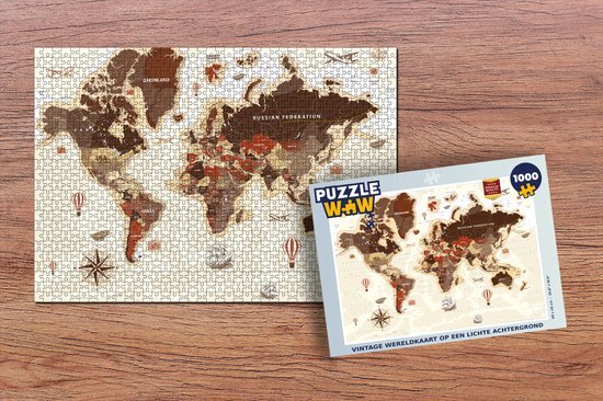 MuchoWow Puzzel Wereldkaart - Vintage - Kompas - Legpuzzel - Puzzel 1000 stukjes volwassenen - Sinterklaas cadeautjes - Sinterklaas voor grote kinderen