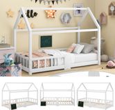 Ropilly Kinderbed 90x200 cm, huisbed van grenenhout, wit, met valbeveiliging en tafel voor de kinderkamer