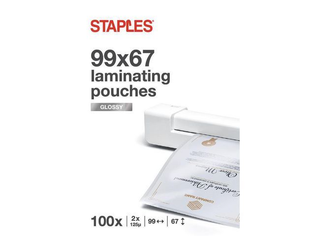 Staples Laminating Pouch - Badge Size, 67 x 99 mm, 2 x 125 micron, Glossy