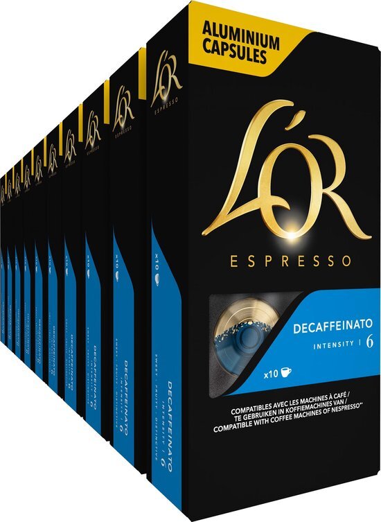 L’OR Espresso Koffiecups Decaffeinato Cafeïnevrij (100 Espresso Koffie Capsules, Geschikt voor Nespresso* Koffiemachines, Intensiteit 06/12, 100% Arabica Koffie, UTZ Gecertificeerd), 10 x 10 Cups