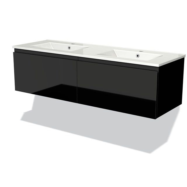 Maxaro Badkamermeubel 140cm Modulo Hoogglans Zwart 2 Lades Greeploos Wastafel Keramiek