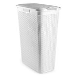Plasticforte Smalle Wasmand met deksel Rotan - wit - gevlochten kunststof - 48 liter - 27 x 46 x 60 cm