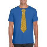 Bellatio Design Blauw fun verkleedkleding t-shirt - met stropdas - in glitter goud - heren - korte mouwen - carnaval - vip - glamour L