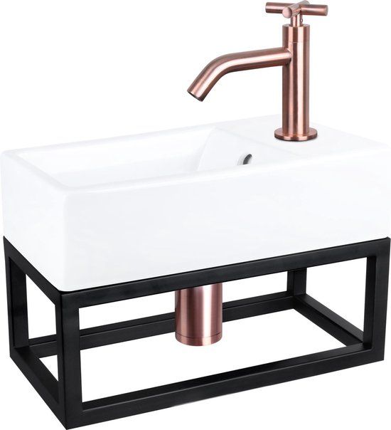 Differnz Force Fonteinset - Wasbak Keramiek - Wit - Gebogen Kraan - Rood Koper - Kruisgreep - 40 x 22 x 11.5 cm - Met Handdoekrek - Zwart