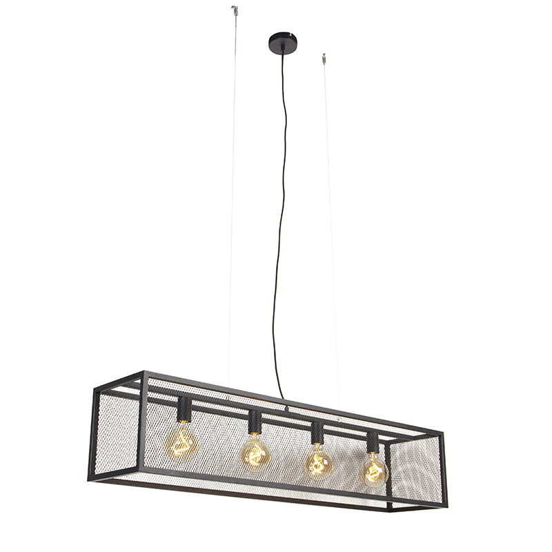 QAZQA IndustriÃ«le hanglamp zwart 118 cm 4-lichts - Cage Mesh