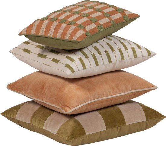 WOOOD Vola Kussens - Katoen - Groen/Oranje - 50x50x10 - Set van 4