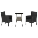 vidaXL 3-delige Bistroset met Kussens, Poly Rattan, Zwart