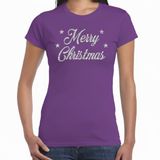 Bellatio Decorations Kerst T-shirt voor dames - paars - Merry Christmas - zilveren glitters - kerstkleding XL