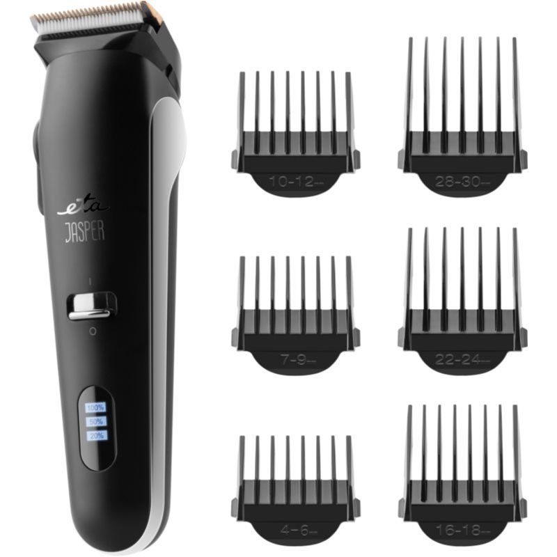 ETA Jasper Tondeuse à cheveux multifonction I Lame en titane céramique I 0,7-30 mm I Longueur de coupe I 6 embouts I Batterie Li-ion (60 min) I Fonctionnement sur batterie/secteur I Noir