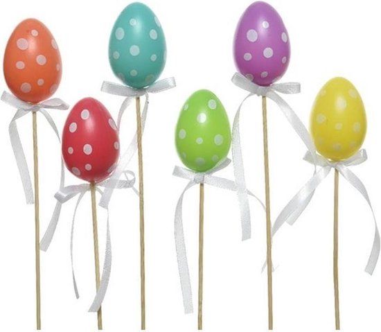 Decoris 12x Paas decoratie paaseieren op sticks/prikkers - 30 cm - Multi kleur