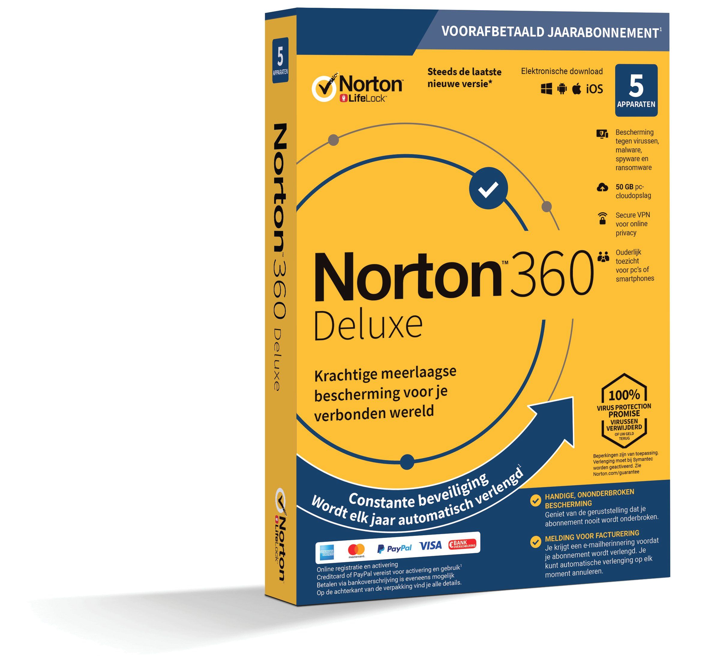 Norton 360 Deluxe | 5 Apparaten - 1 Jaar | Windows - Mac - Android - iOS | 50 GB Cloud Opslag