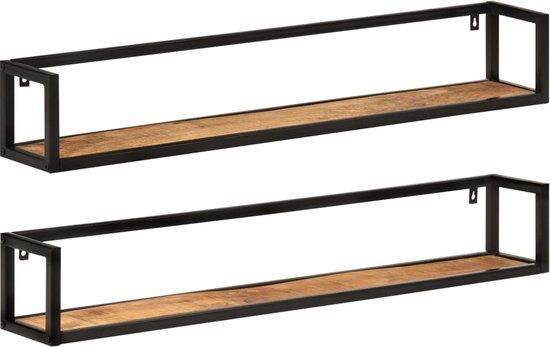 vidaXL Wandschappen 2 st 110x17x17 cm massief mangohout en ijzer