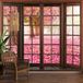 Papier peint panoramique trompe-l'œil fenêtre en bois - Arbres fleurs roses - 313 cm x 250 cm