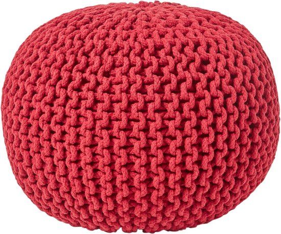 Homescapes Rond gebreide poef 100% katoen - Rood - 35x40 cm