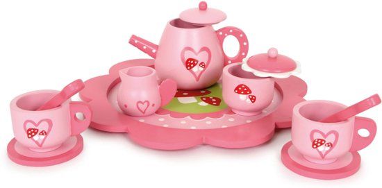 Playwood - Houten thee serviesje met paddestoel motief - 12 delig speelgoed servies
