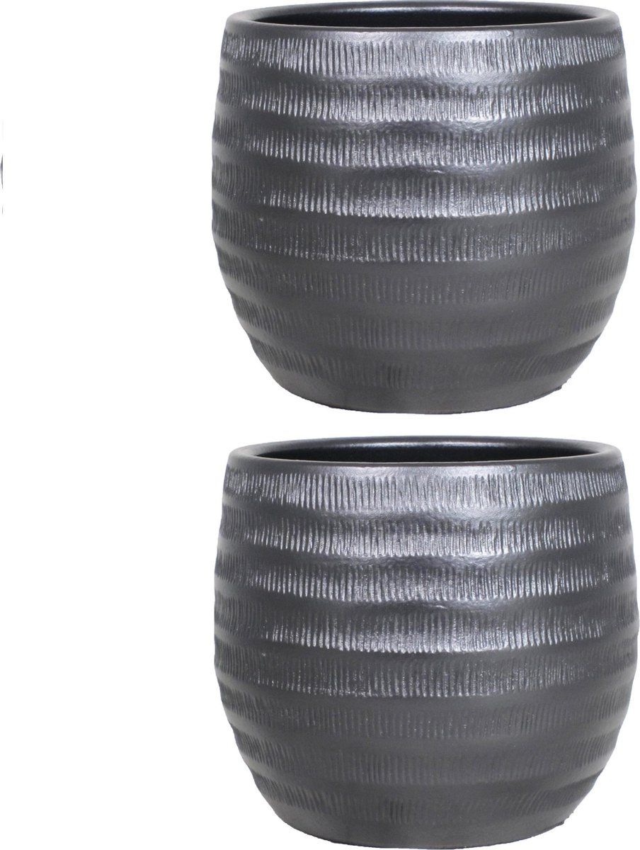 Floran 2x stuks bloempot mat zwart keramiek H31 x D34 cm - plantenpotten binnen