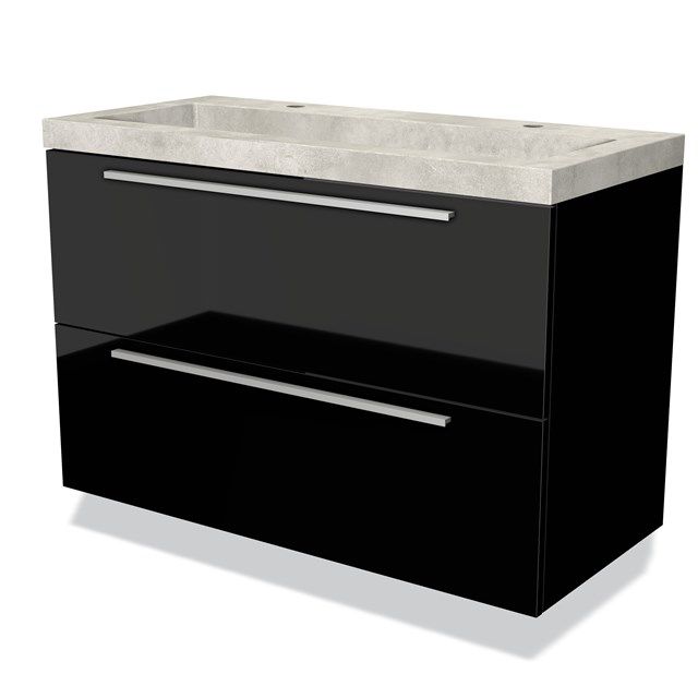 Maxaro Badkamermeubel 100cm Modulo Hoogglans Zwart 2 Lades Vlak Wastafel Beton Greige