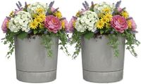 Mica Decorations Pot Coco - 2x - avec soucoupe - gris béton - H37 x D35 cm - plastique - extérieur