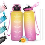 HoneyHolly Waterfles, 1,5 l, motiverende waterfles met rietje, lekvrij, waterfles voor school, sportschool, camping, fietsen, yoga