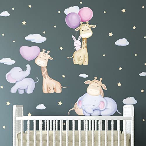 Ambiance Sticker Muursticker kinderen decoratie babykamer muursticker kinderkamer muursticker dieren en vliegende ballonnen H90 x L 60 cm