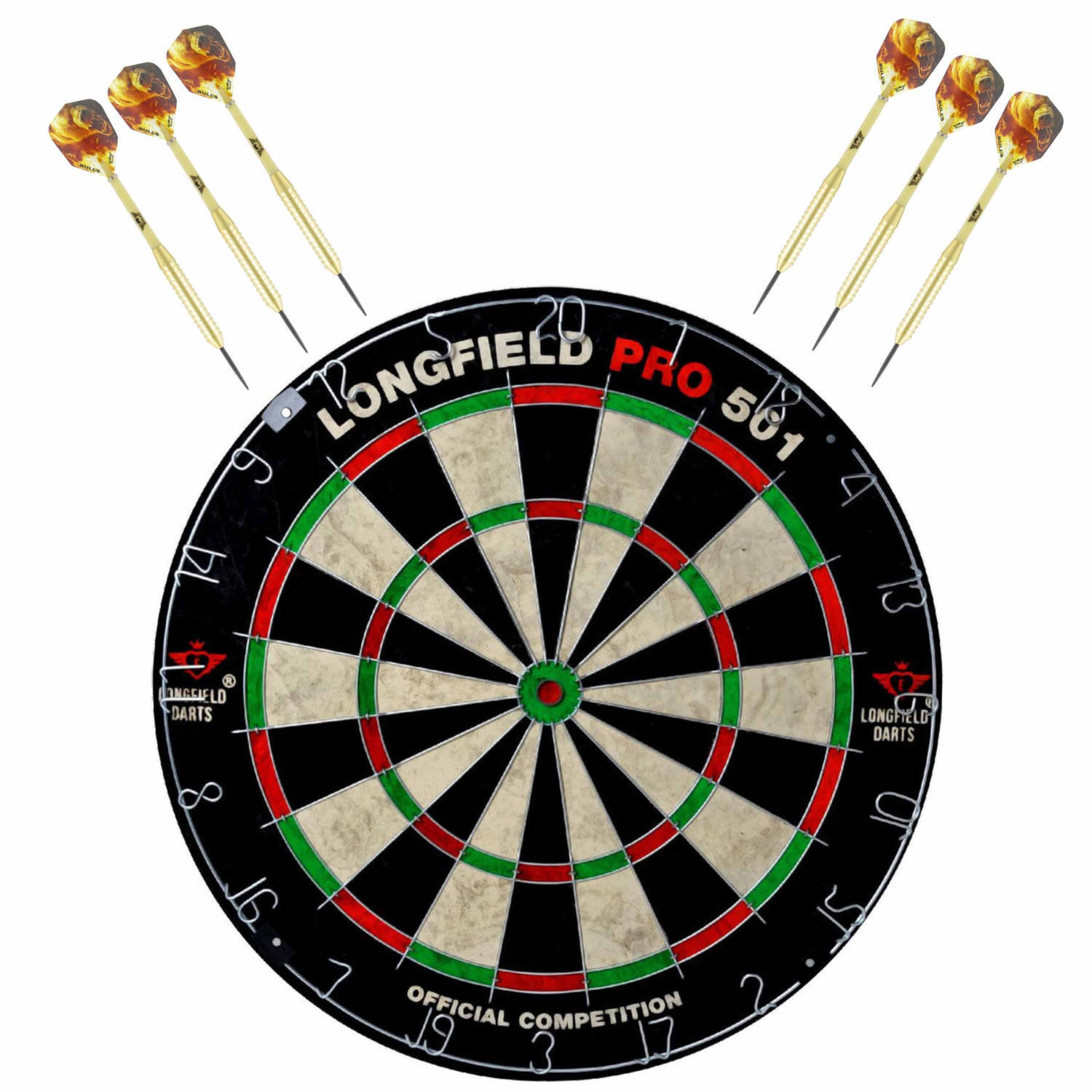 Longfield Dartbord set compleet van diameter 45.5 cm met 6x Bulls dartpijlen van 23 gram - Professioneel darten pakket