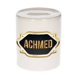 Tirelire prénom Achmed - blanc - avec emblème or/noir - 8 x 9 cm - céramique - avec bouchon - cadeau anniversaire