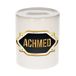 Tirelire prénom Achmed - blanc - avec emblème or/noir - 8 x 9 cm - céramique - avec bouchon - cadeau anniversaire