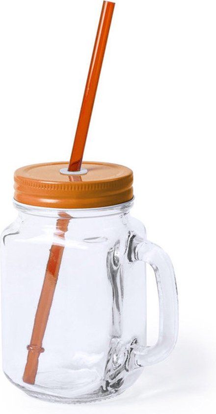 Glazen Mason Jar drinkbeker oranje 500 ml - met rietje - afsluitbaar