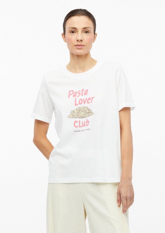 s.Oliver T-shirt met ronde hals, korte mouwen, extra korte lengte en printopdruk voor dames in maat 36, wit, 100% katoen