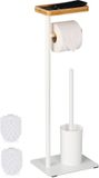 Merkloos Relaxdays toiletbutler, bamboe, metaal, vrijstaande wc-rolhouder, met plankje, toiletborstel en houder, wit/natuur