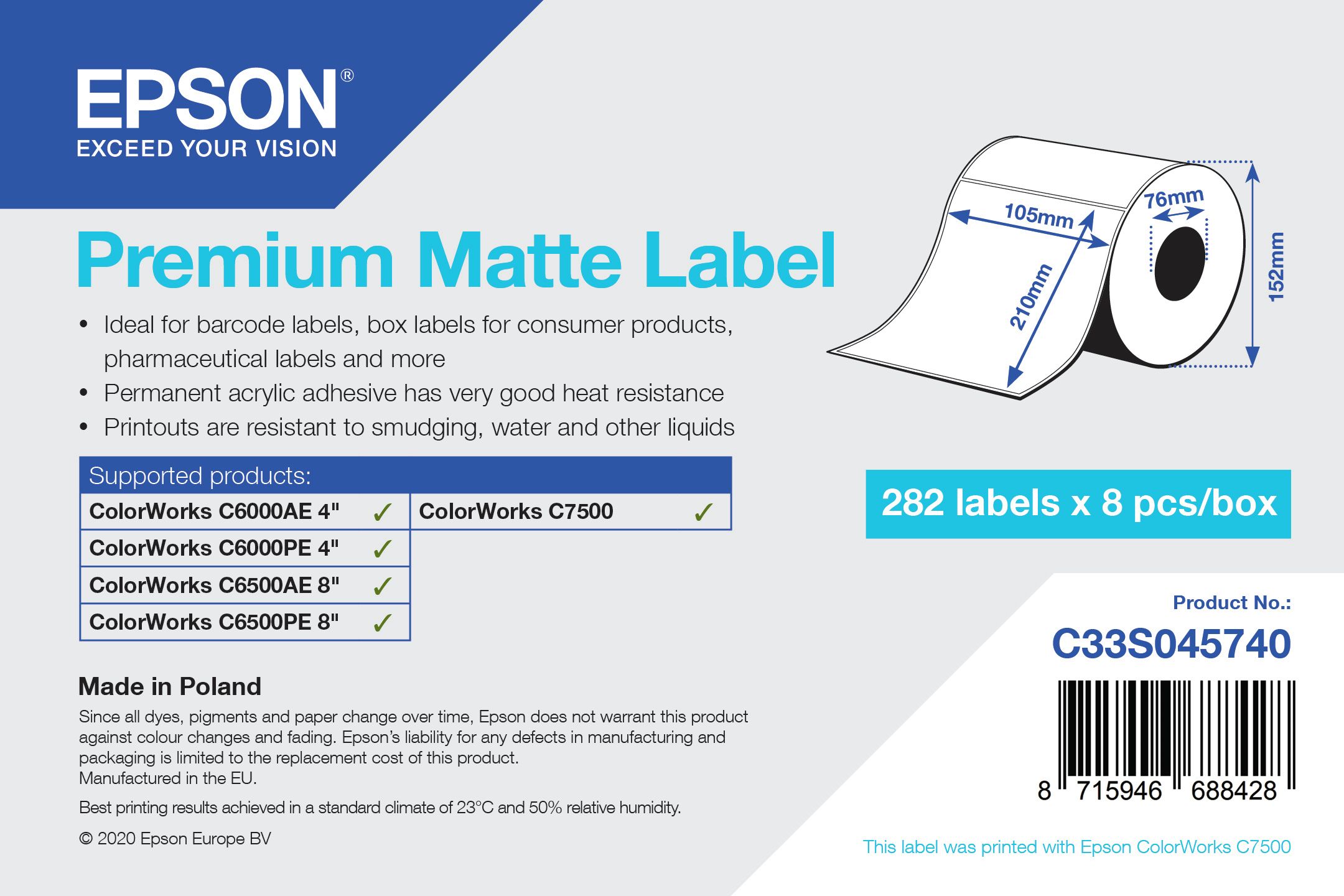 Epson Premium Matte Die-Cut Label - 105mm x 210mm - 282 Labels