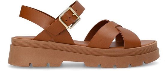 Manfield Dames Cognac Leren Sandalen Plateauzool Maat 39