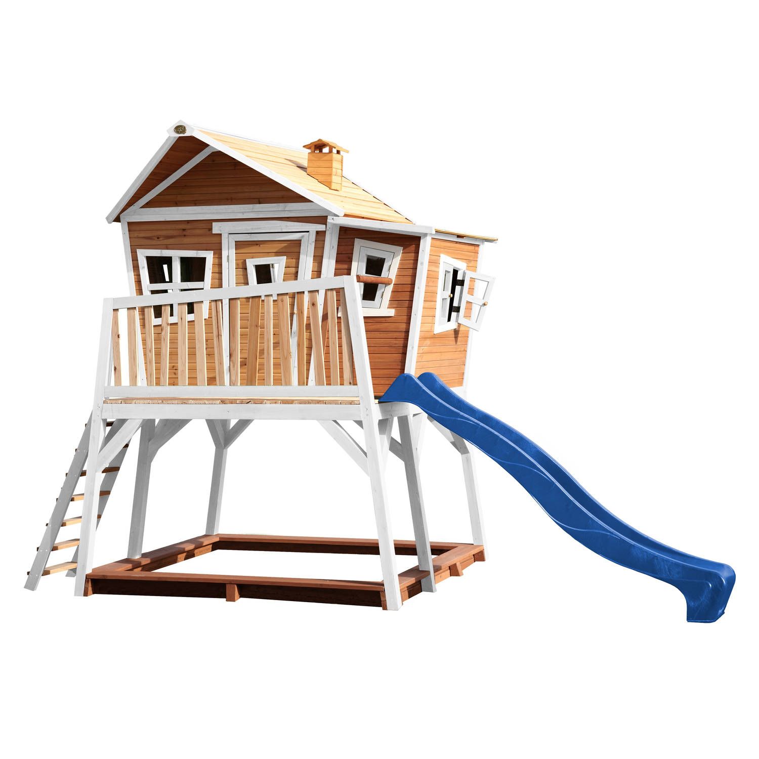 AXI Crooked Max Speelhuis Bruin/wit - Blauwe glijbaan - Hout - 288cm hoog