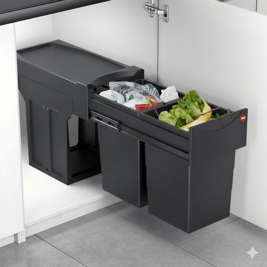 Hailo Tandem Inbouw Prullenbak - 28 Liter - 2 Compartimenten - Zwart - Geschikt voor deurbreedte 40/45/50/60 cm