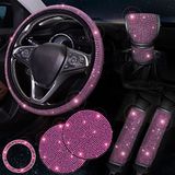 ToBeQueen Bling Roze Stuurhoes Set Bling Auto Accessoires Set, Stuurwiel Cover Fit 45 cm, Sprankelende Schouderpad, Strass Gear Shift Cover en Bekerhouder, 7 Pack, Roze