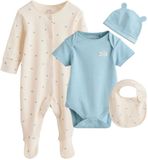 Next Jongens 4-delige babyset van pyjama, romper, beanie en slabbetje - Blauw