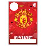 Manchester United Football Club verjaardagskaart met stickers voor het personaliseren van je leeftijd en voornaam, rood