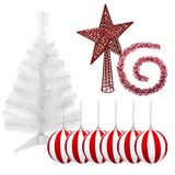 WELLHOME Kerstdecoratieset dennenboom wit 70 cm met sokkel + 6 kerstballen wit rood + rode ster + klatergoud slinger wit en rood 2 m PK3542