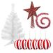WELLHOME Kerstdecoratieset dennenboom wit 70 cm met sokkel + 6 kerstballen wit rood + rode ster + klatergoud slinger wit en rood 2 m PK3542