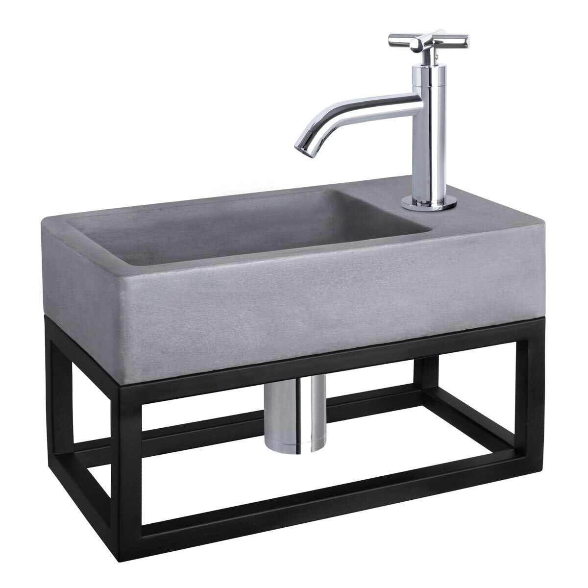 Differnz Fonteinset Force Rechthoek 40x22x23.5cm Beton Donkergrijs Handdoekrek Kruisgreep Toiletkraan Clickwaste Sifon Chroom