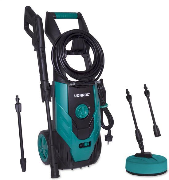 VONROC Hogedrukreiniger V18-2 1800W - 140 bar - 420 l/h - Incl. 8m slang, geïntegreerde reinigingsmiddelen tank, terrasreiniger, spuitstukken en accessoires