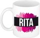 Bellatio Decorations Rita naam cadeau koffie mok - beker - met roze verfstrepen - Cadeau collega - moederdag - verjaardag - juf - coach - 300 ml - wit