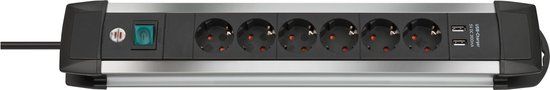 Brennenstuhl Premium-Alu-Line Stekkerdoos - 6-voudig - Zwart/Zilver