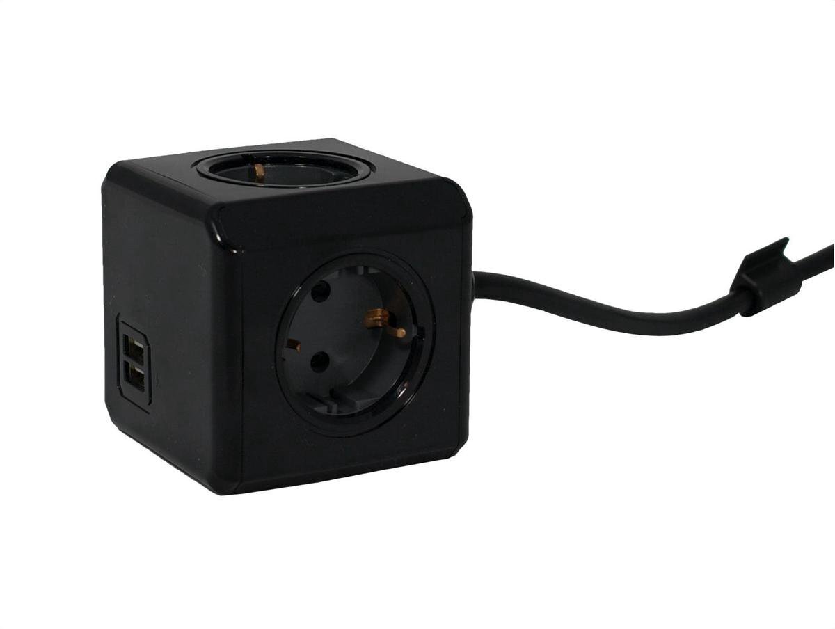 DesignNest PowerCube Extended Duo USB - 3 meter kabel - Zwart/Grijs - Limited Edition - 4 stopcontacten - 2 USB laders - NL\/DE (Type F)