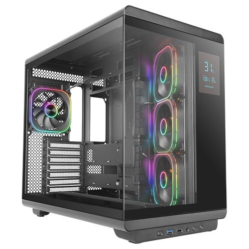 Mars Gaming MC-REVPRO, ATX PC-Behuizing, LCD-Scherm 4,3", Continu Tempered Glas, 4 PWM ARGB-Ventilatoren, Vloeistofkoeling tot 360mm, Compatibel met Moederborden Omgekeerde Connector, USB-C, Zwart