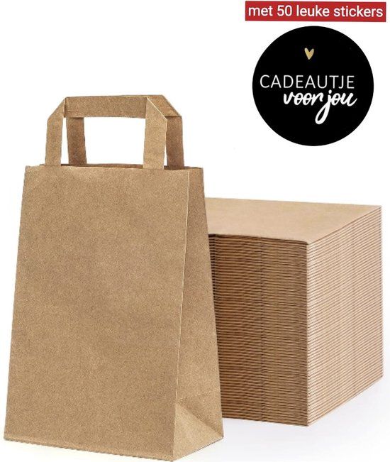 Papieren draagtassen - 18 + 8 x 22 cm (50 stuks) - Bruin