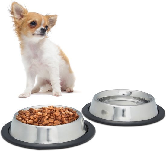Relaxdays dinerset hond - voer- en drinkbak - rvs voerbak - antislip hondenvoerbak zilver S